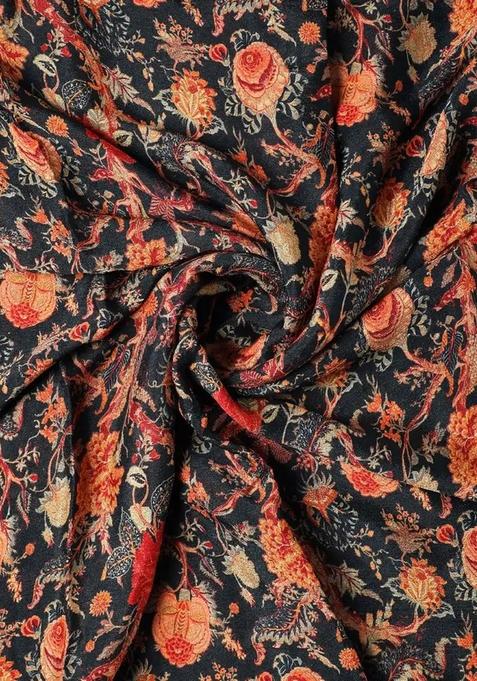 Black Printed Chinon Pre Draped Saree Set