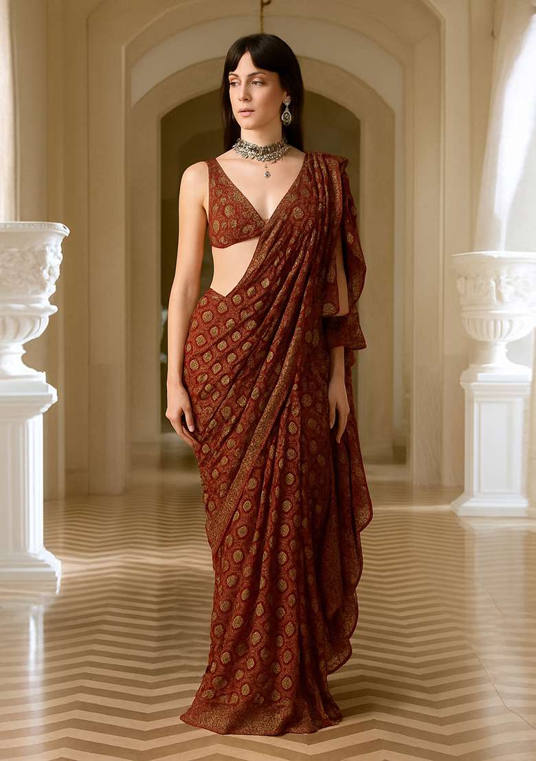 Deep Maroon Printed Chinon Pre Draped Saree Set - Indya