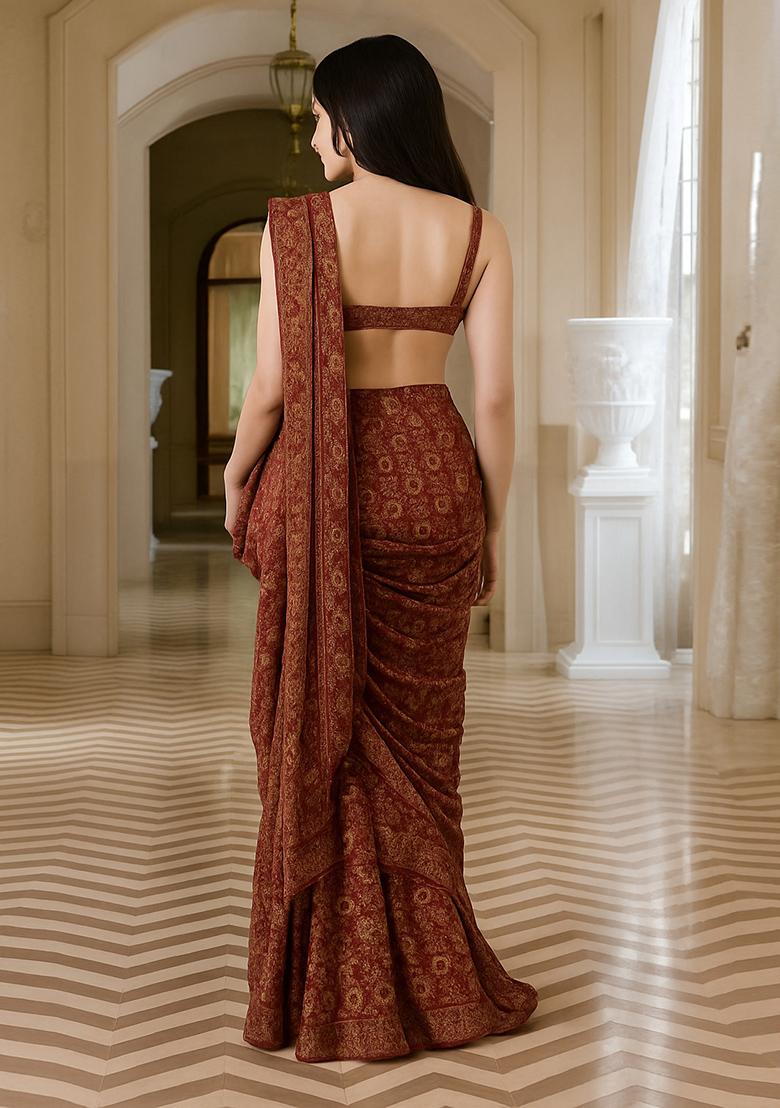 Deep Maroon Printed Chinon Pre Draped Saree Set - Indya
