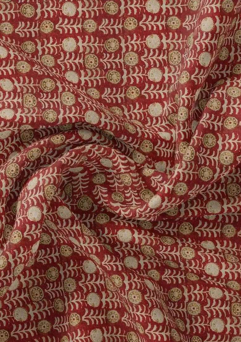 Deep Maroon Printed Chinon Pre Draped Saree Set - Indya