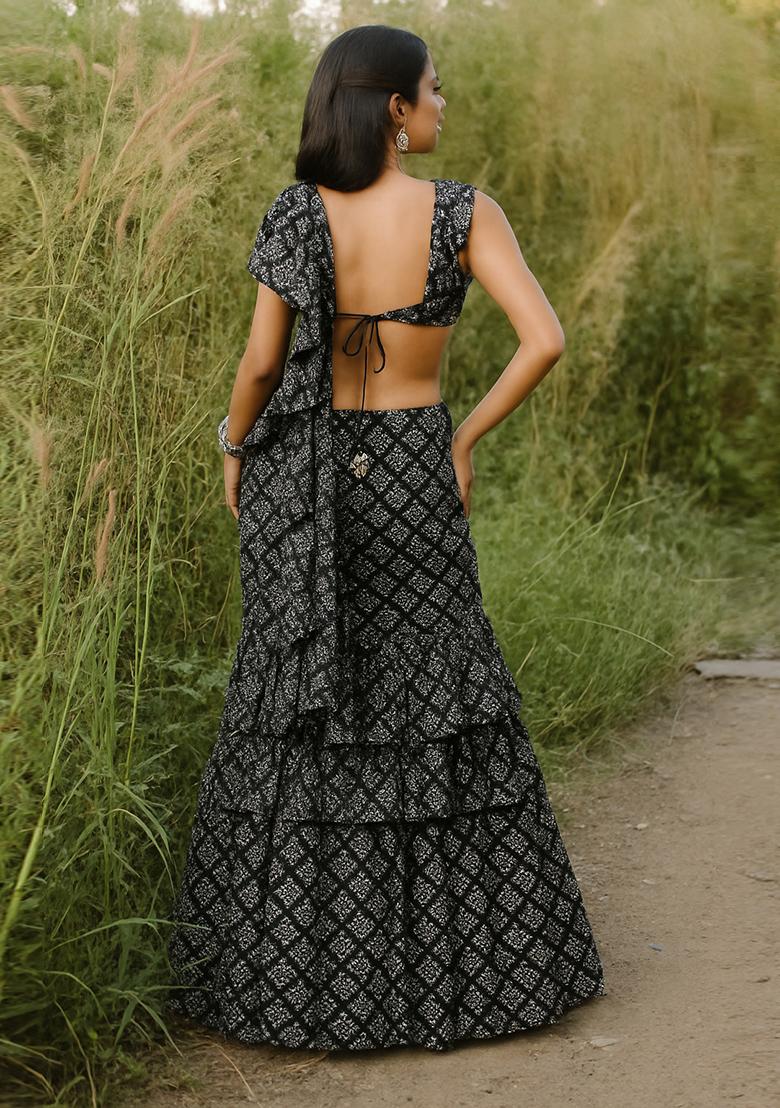 Black Printed Pre Draped Saree Set