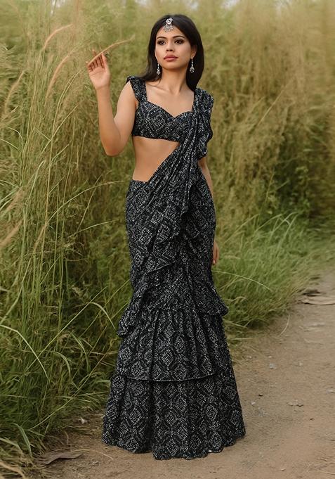 Black Printed Pre Draped Saree Set