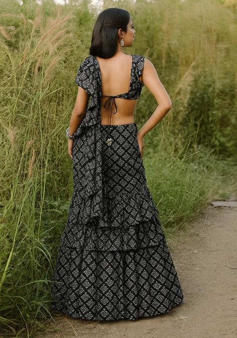 Black Printed Pre Draped Saree Set