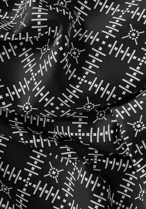 Black Printed Pre Draped Saree Set