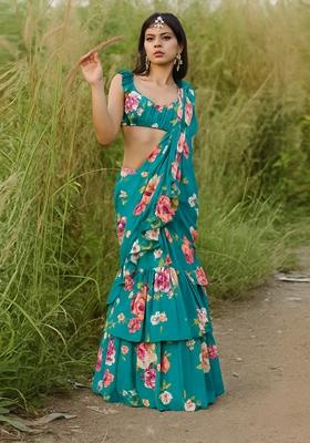 Teal Blue Printed Polyester Pre Draped Saree Set