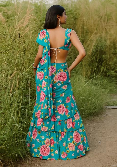 Teal Blue Printed Pre Draped Saree Set