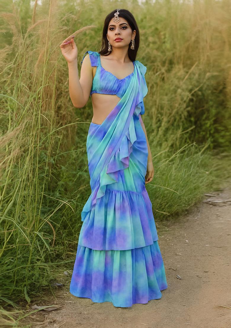 Sky Blue Printed Pre Draped Saree Set
