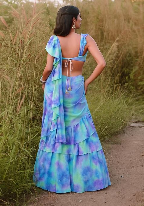 Sky Blue Printed Pre Draped Saree Set