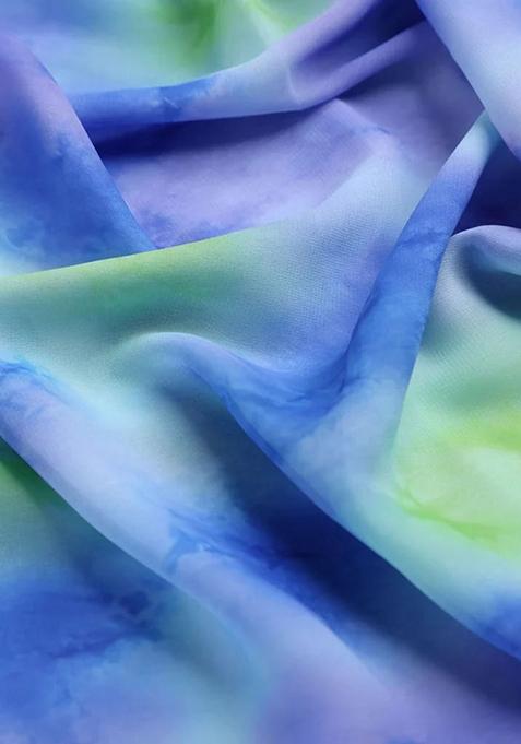 Sky Blue Printed Pre Draped Saree Set