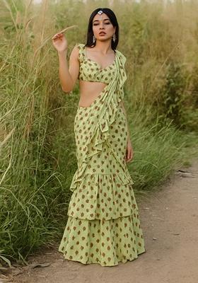 Yellow Printed Pre Draped Saree Set