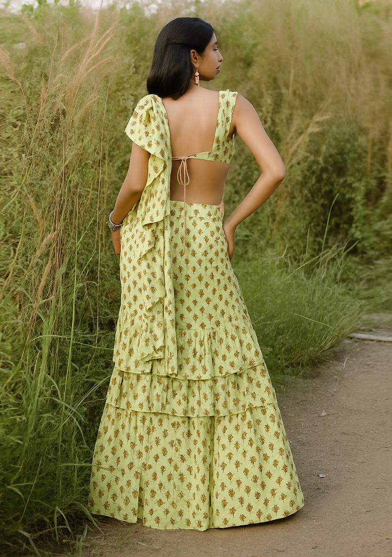 Yellow Printed Pre Draped Saree Set