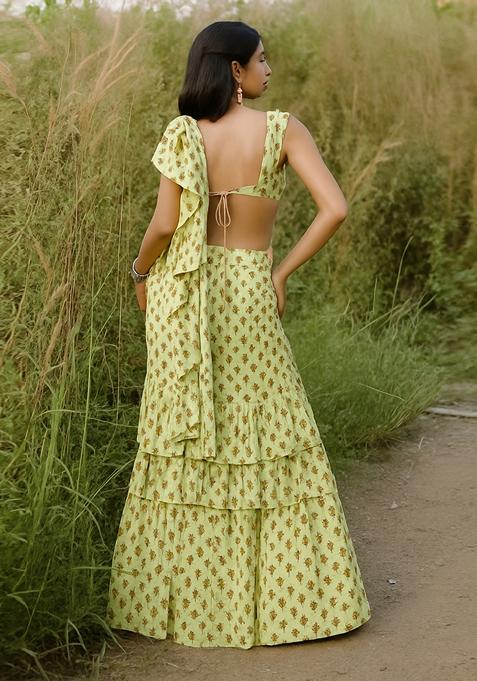 Yellow Printed Pre Draped Saree Set