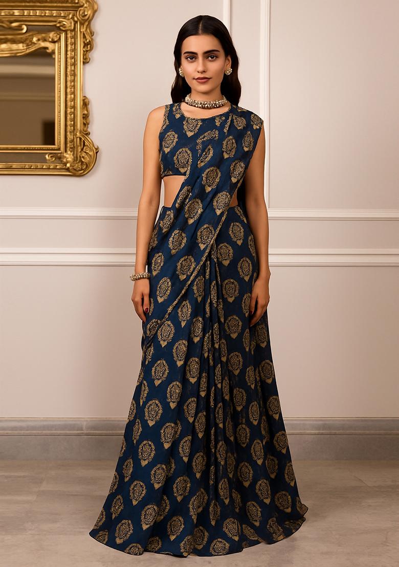 Dark Blue Printed Pre Draped Saree Set