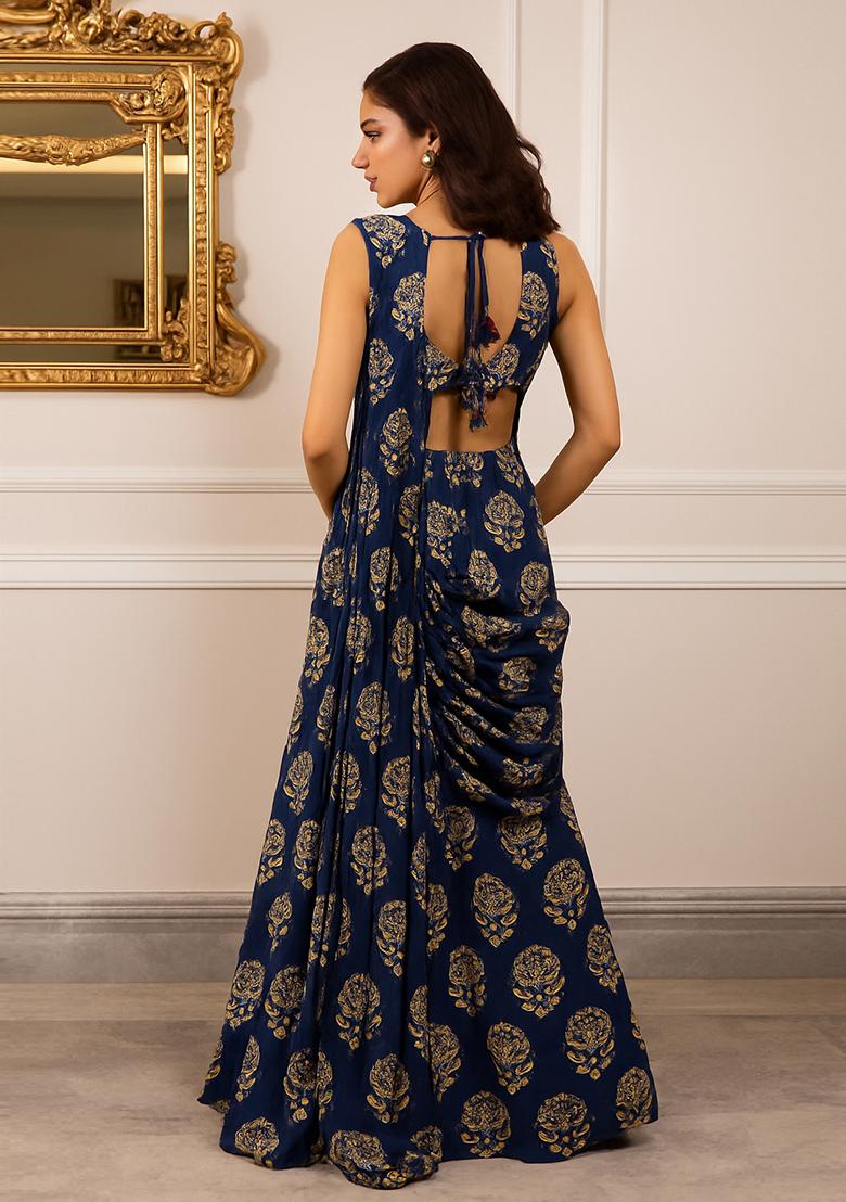 Dark Blue Printed Pre Draped Saree Set