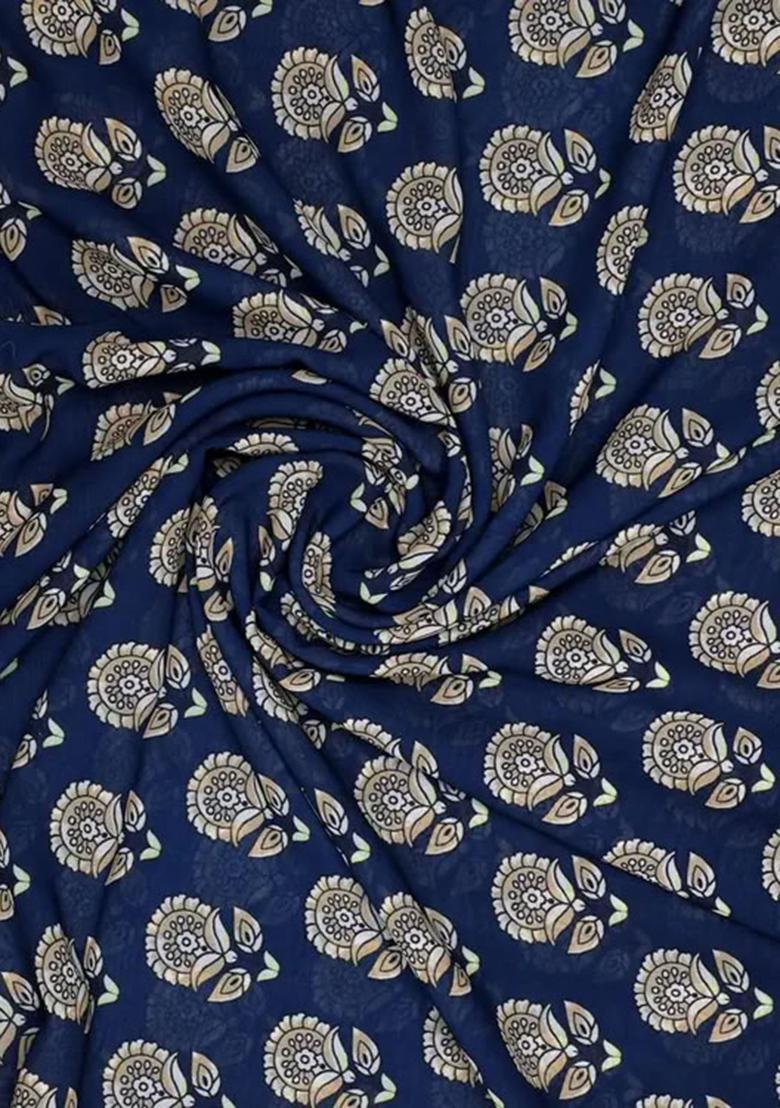 Dark Blue Printed Pre Draped Saree Set