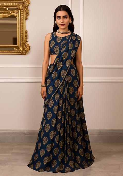 Dark Blue Printed Pre Draped Saree Set