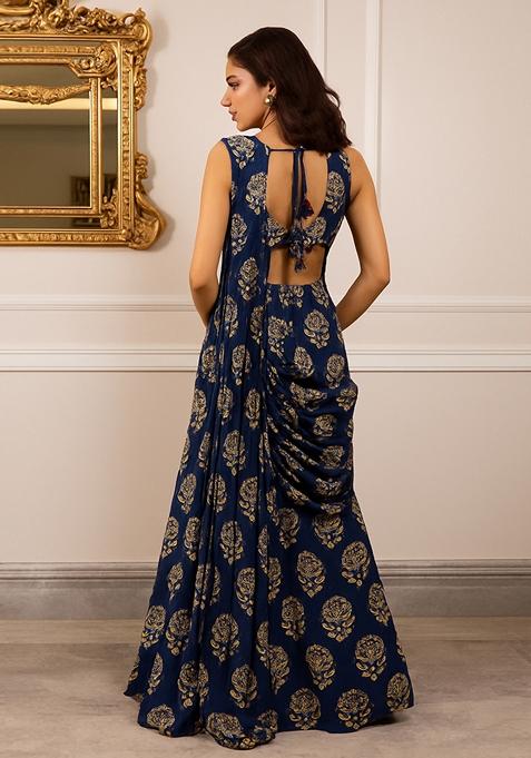Dark Blue Printed Pre Draped Saree Set