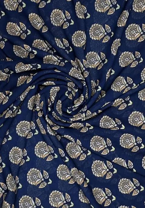 Dark Blue Printed Pre Draped Saree Set