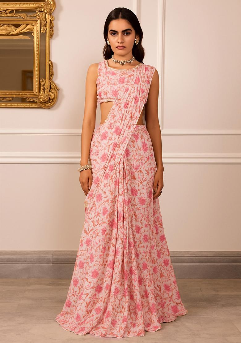 Pink Printed Pre Draped Saree Set