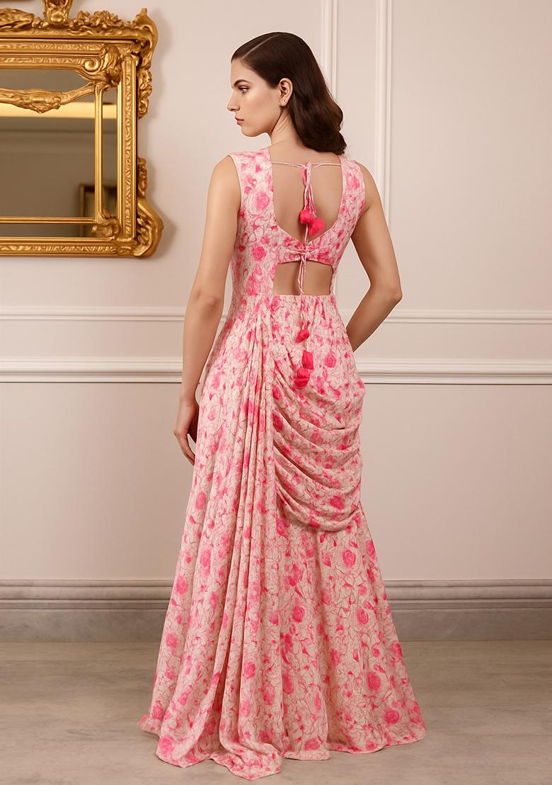 Pink Printed Pre Draped Saree Set