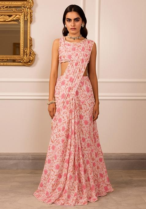 Pink Printed Pre Draped Saree Set
