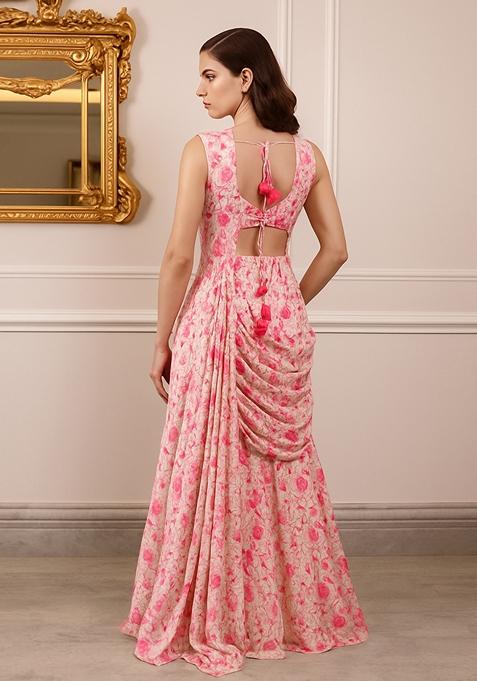 Pink Printed Pre Draped Saree Set