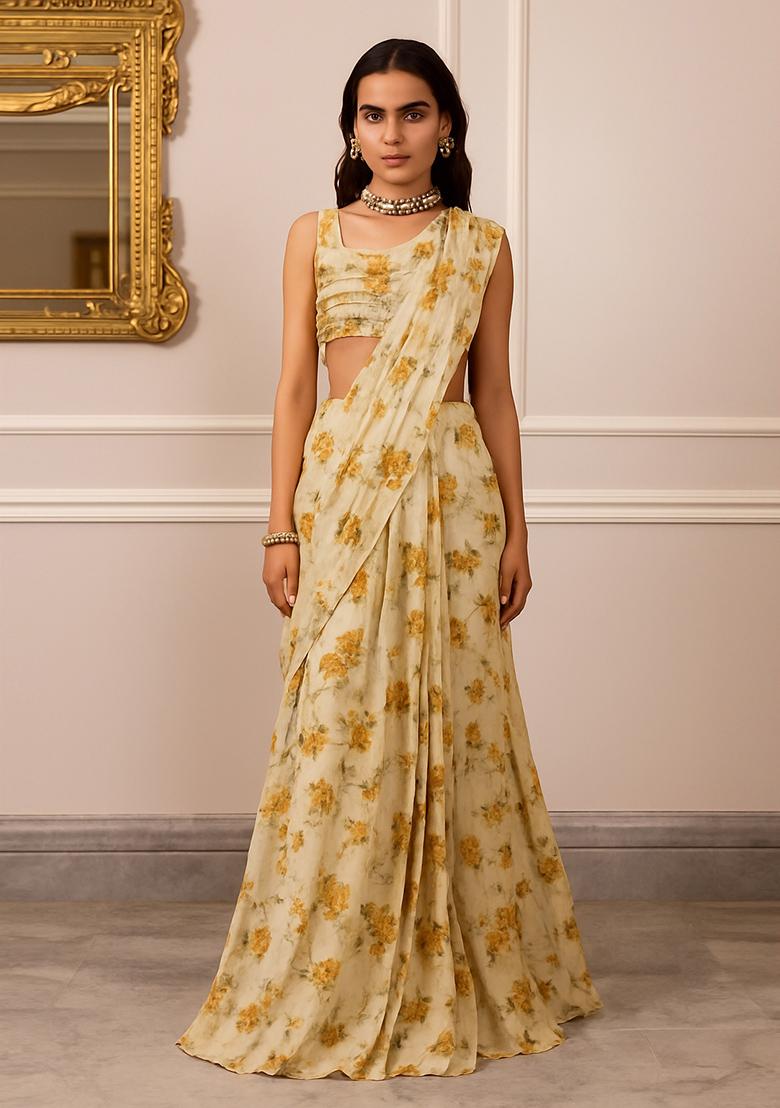 Beige Printed Pre Draped Saree Set
