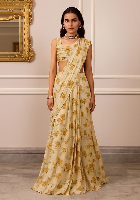 Beige Printed Pre Draped Saree Set