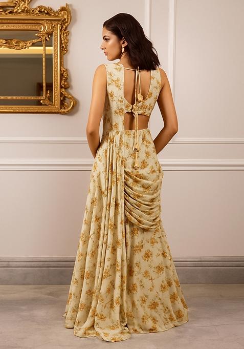 Beige Printed Pre Draped Saree Set