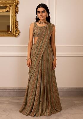 Grey Printed Polyester Pre Draped Saree Set