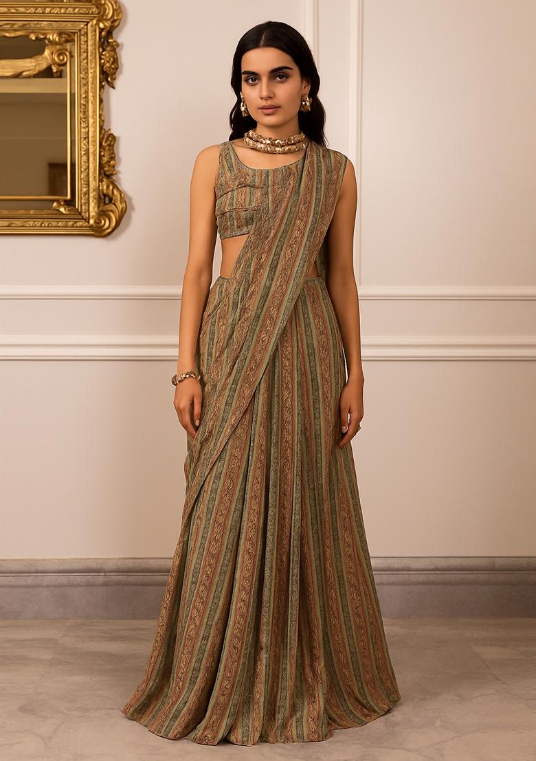 Grey Printed Pre Draped Saree Set