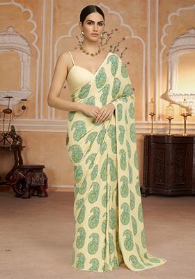 Beige Printed Polyester Pre Draped Saree Set
