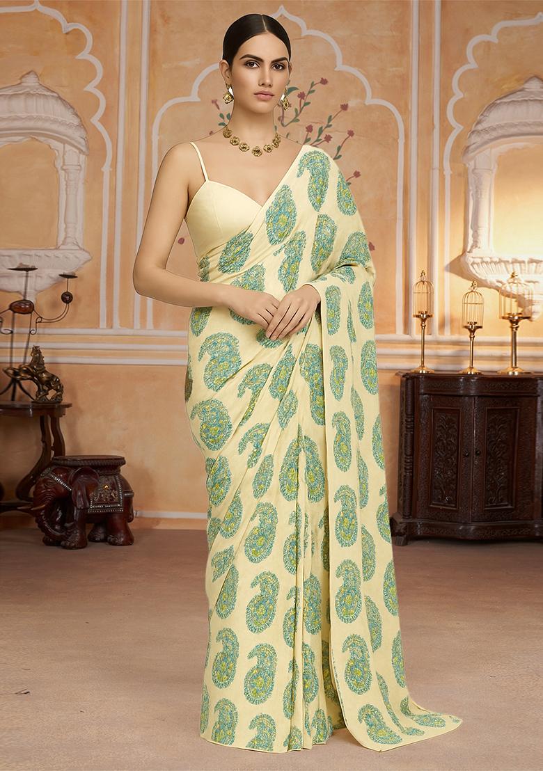 Beige Printed Pre Draped Saree Set