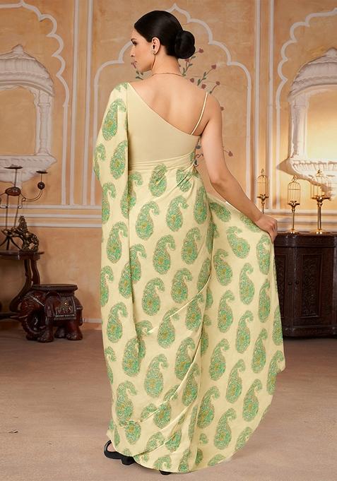 Beige Printed Pre Draped Saree Set