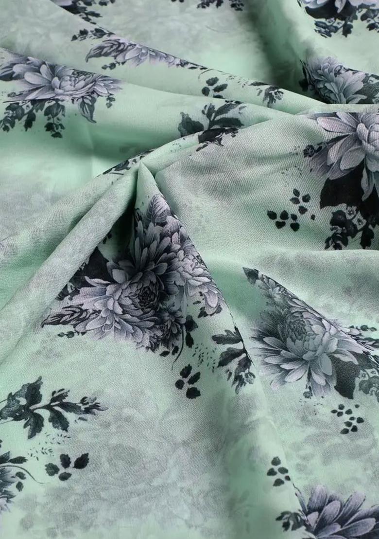 Pista Green Printed Polyester Pre Draped Saree Set - Indya