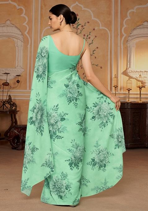 Pista Green Printed Pre Draped Saree Set