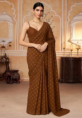 Deep Brown Printed Polyester Pre Draped Saree Set