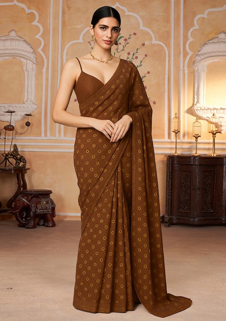 Deep Brown Printed Pre Draped Saree Set