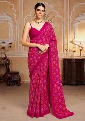 Magenta Pink Printed Polyester Pre Draped Saree Set