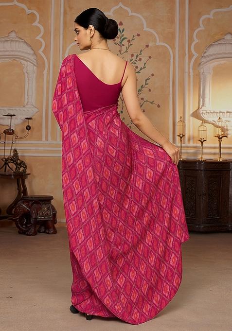 Magenta Pink Printed Pre Draped Saree Set