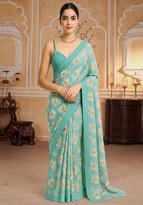 Teal Green Printed Polyester Pre Draped Saree Set