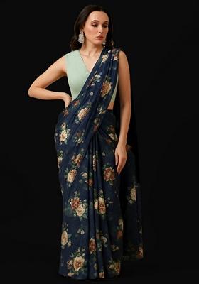 Deep Blue Printed Polyester Pre Draped Saree Set