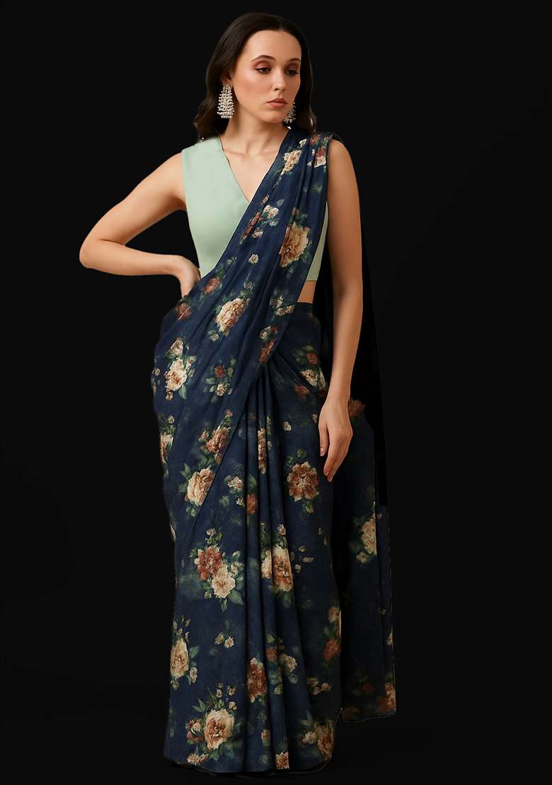 Deep Blue Pre Draped Saree Set with Printed for Diwali | Wedding & Festive Wear - Indya