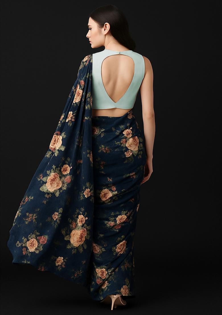 Deep Blue Printed Polyester Pre Draped Saree Set - Indya