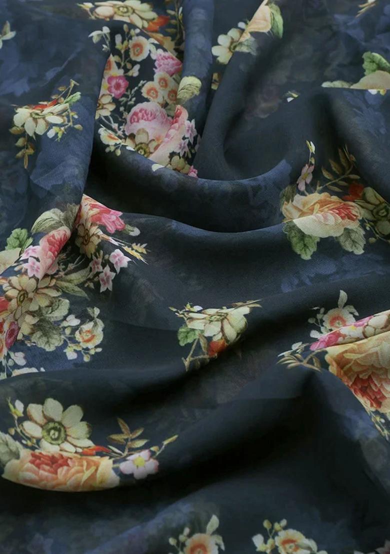 Deep Blue Printed Polyester Pre Draped Saree Set - Indya