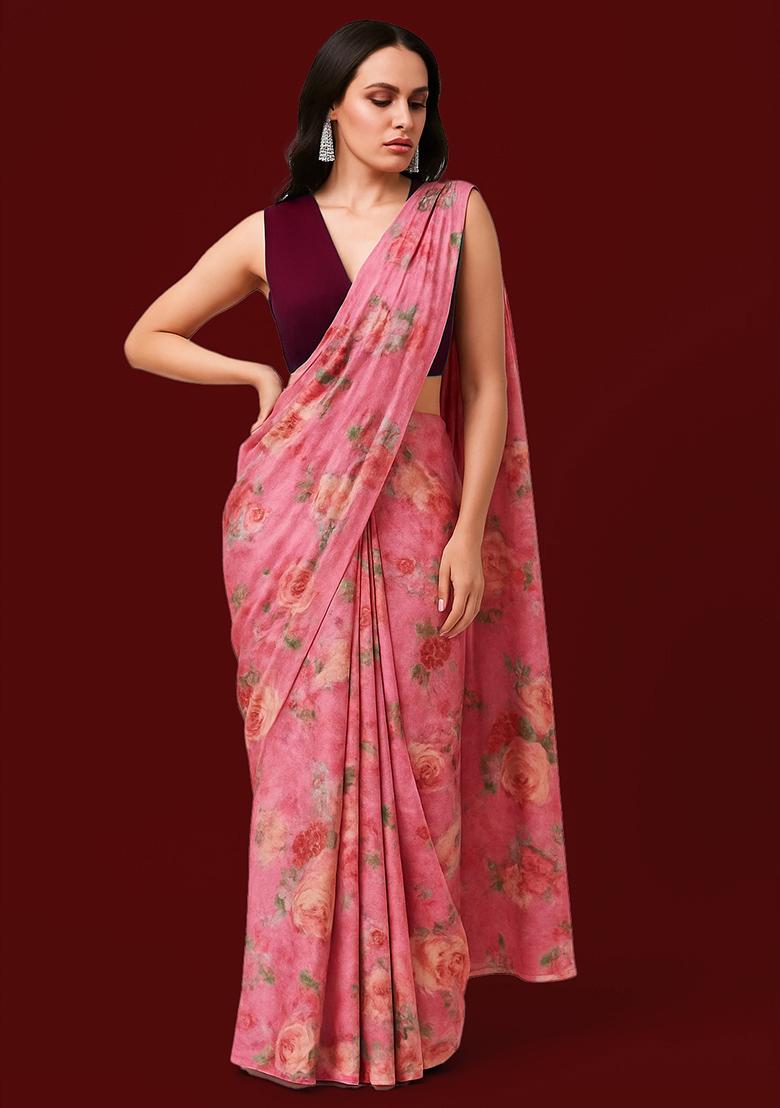 Pink Printed Pre Draped Saree Set