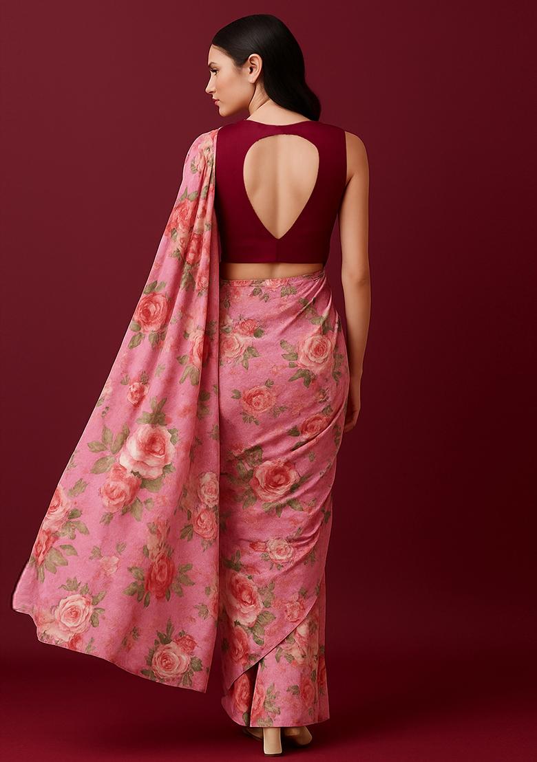 Pink Printed Pre Draped Saree Set