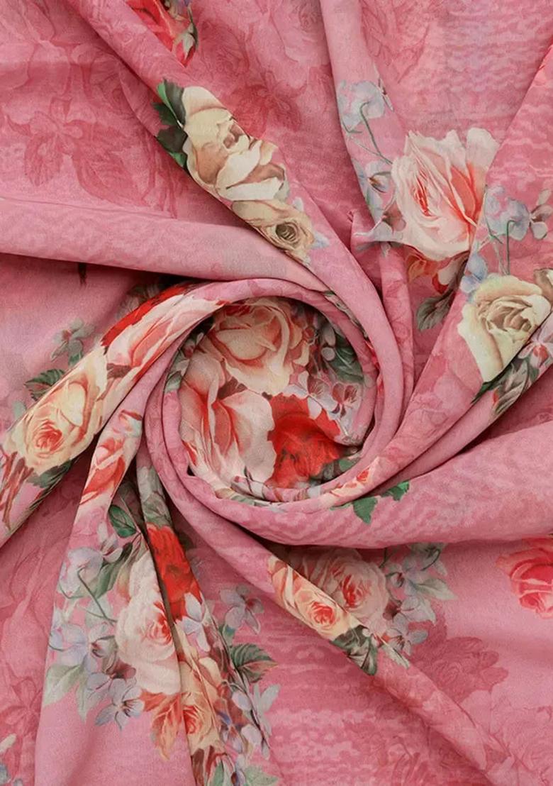 Pink Printed Pre Draped Saree Set