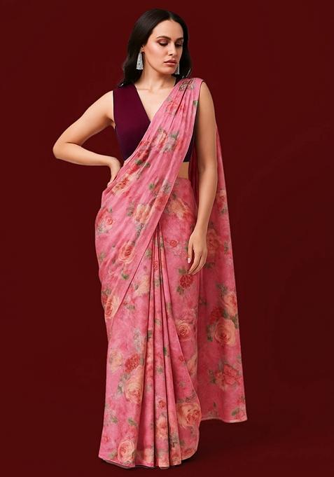 Pink Printed Pre Draped Saree Set