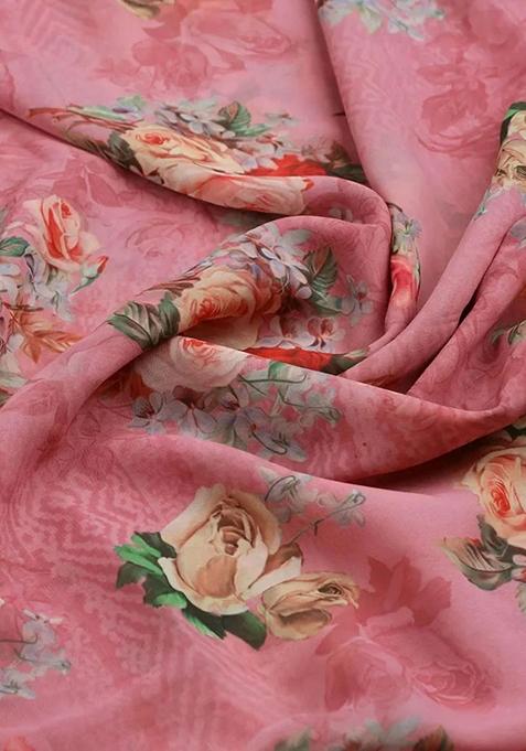 Pink Printed Pre Draped Saree Set